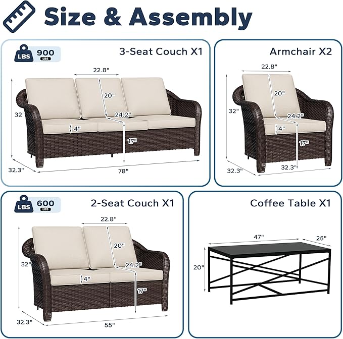 5 Pieces Outdoor Patio Rattan Conversation Furniture Set with Cushions, 78" 3-Seat Wicker Sofa, 55" 2-Seat Couch - Photo 2