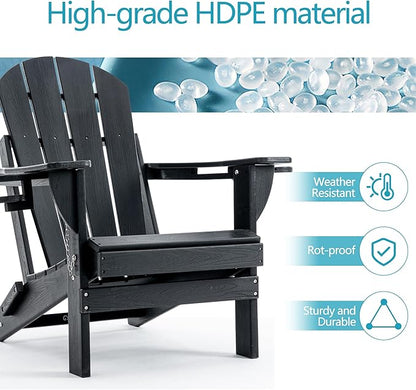 Folding Outdoor Adirondack Chairs Set of 1 with HDPE Side Tables-Plastic Weather Resistant Patio Chairs with Small Outdoor Side Tables 2 Storage for Patio,Fire Pit, Garden and Backyard