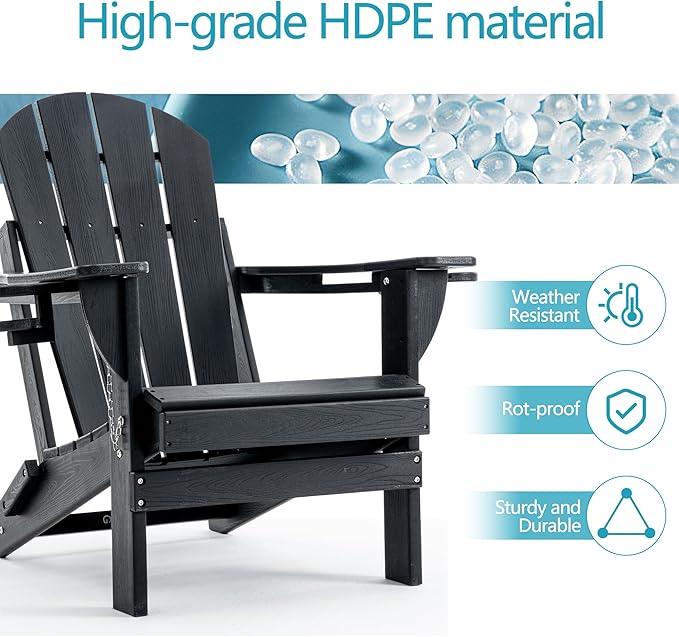 Folding Outdoor Adirondack Chairs Set of 1 with High&Reclining Back-HDPE Weather Resistant Patio Chairs with Cup and Phone Holder for Patio,Fire Pit, Garden and Backyard