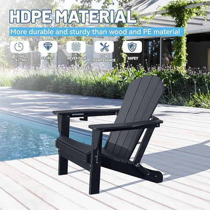 Adirondack Chair, Plastic Adirondack Chairs, HDPE Adirondack Chair, Folding Adirondack Chairs,Outdoor Chairs with Cup Holder for Lawn Patio Deck Fire Pit -Black