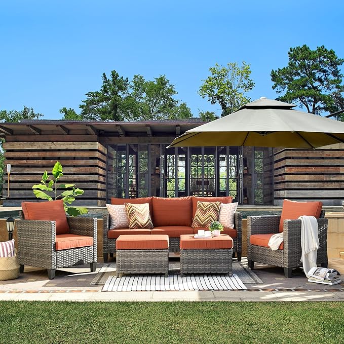 ovios Patio Furniture Set, 5 Pieces Outdoor Wicker Sofa Couch with Ottomans Comfy Cushions - Photo 1