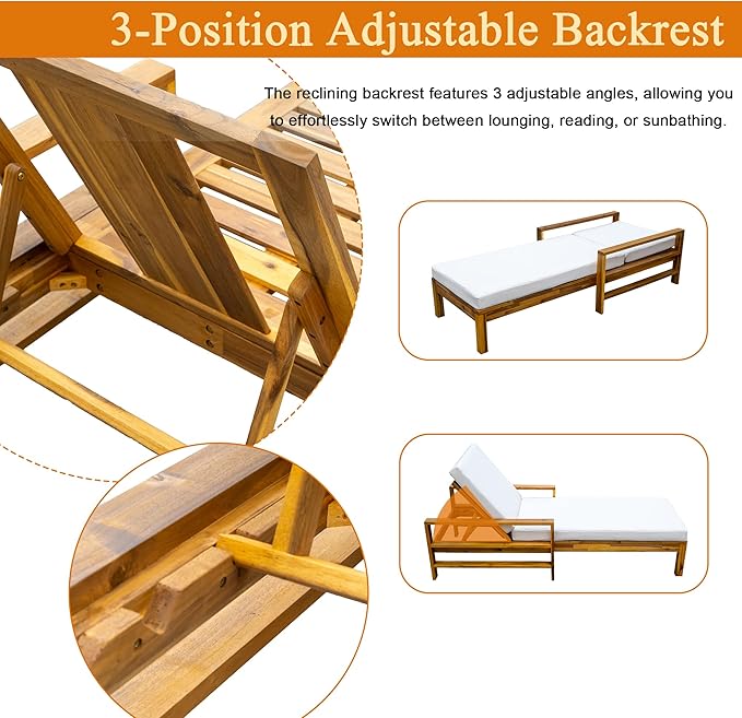 Polibi Acacia Wood Outdoor Lounge Chair with 3-Position Adjustable Backrest - Photo 2