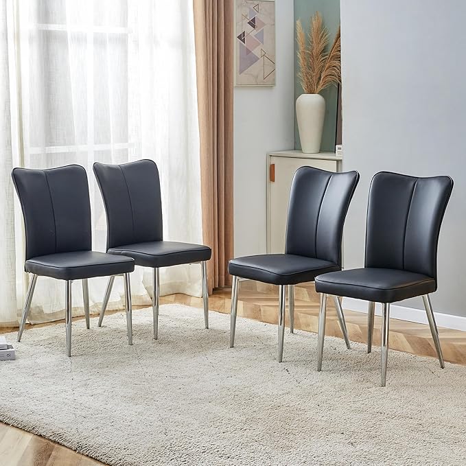 Modern Dining Chairs,Pu Upholstered Leather Chair And Sturdy Metal Legs,Comfortable Ergonomic Large Backrest Design,Applicable To Front Porch,Outdoor Lounge,Garden,Reception Room,Patio,BlackSilver-Met