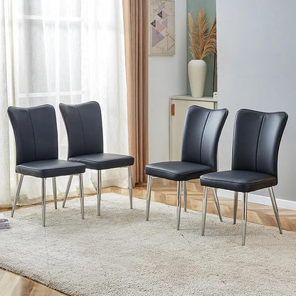 Modern Dining Chairs,Pu Upholstered Leather Chair And Sturdy Metal Legs,Comfortable Ergonomic Large Backrest Design,Applicable To Front Porch,Outdoor Lounge,Garden,Reception Room,Patio,BlackSilver-Met