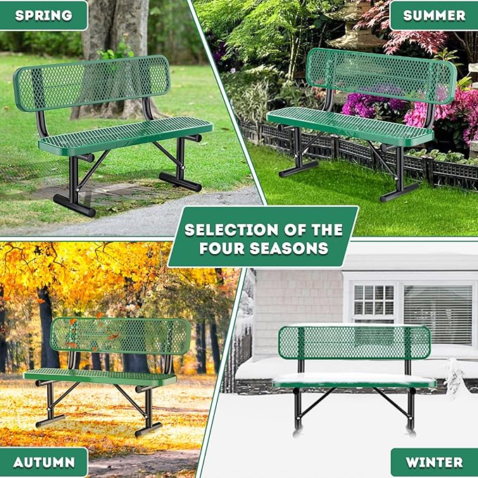 4FT/48INCH Heavy Duty Metal Park Bench for Outside, Outdoor Garden Benches with Backrest & Portable Frame, Expanded Metal Mesh Bench for Shopping Malls, Lawn, Park, Deck, Patio, Porch, Green