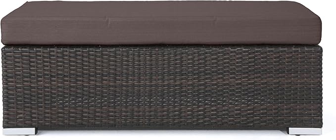 Christopher Knight Home Kiin Durable Resin Wicker Outdoor Bench with Comfy Removable Cushion, Rectangular Garden Bench with Iron Frame, Long Extra Seating for Poolside/Patio/Balcony, Brown