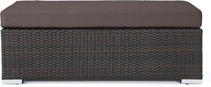 Christopher Knight Home Kiin Durable Resin Wicker Outdoor Bench with Comfy Removable Cushion, Rectangular Garden Bench with Iron Frame, Long Extra Seating for Poolside/Patio/Balcony, Brown