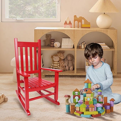 Kids Rocking Chair Set of 2 for Toddlers and Children Comfy Wooden Recliner Rocker for Baby Girls Outdoor Lounge Chair for Kids Age 6-10 Indoor Red