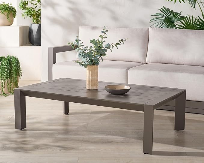 SAFAVIEH Couture Outdoor Patio Furniture Collection - Donaldo Rectangular Coffee Table, Dark Grey Aluminum Frame with Slatted Top (CPT4012A)