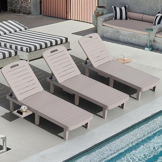 CDCASA Outdoor Chaise Lounge Set of 3, Pool Lounge Chairs w/5 Adjustable Positions & Side Tray, Waterproof Resin Lounges for Poolside,Yard,Garden,Sunbathing, for All Weather, Grey