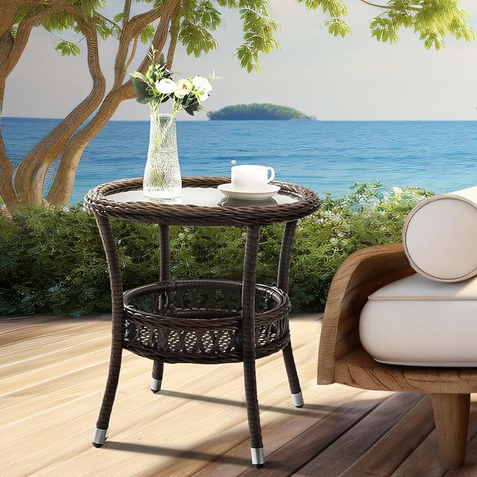 Outdoor Side Table Wicker Outdoor End Table for Patio Rattan Side Table for Outside Brown Patio Coffee Table with - Photo 1