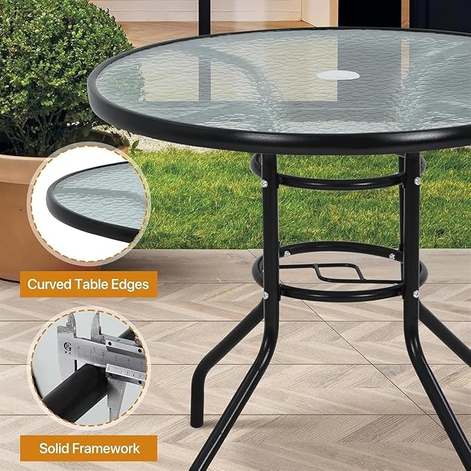32in Outdoor Table Patio Dining Table Outdoor Dining Table with Umbrella Hole Round Tempered Glass for Yard Bistro Lawn Balcony (Black, Round 31x31x28in)