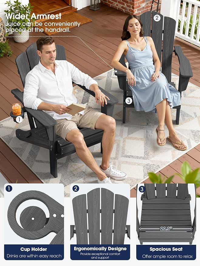KINGYES Folding Adirondack Chair, HDPE All-Weather Patio Chairs with Cup Holder, Wooden Textured Fire Pit Chairs for Poolside, Backyard, Deck, Grey