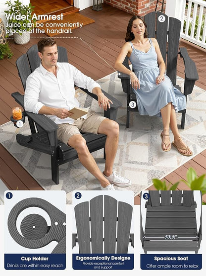KINGYES Folding Adirondack Chair, HDPE All-Weather Patio Chairs with Cup Holder, Wooden Textured Fire Pit Chairs for Poolside, Backyard, Deck, Grey