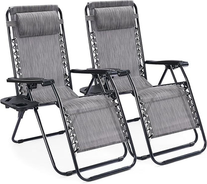 NEWBULIG Zero Gravity Chair Set of 2, Lounge Chair Folding Portable Adjustable Camping Reclining Chairs with Adjustable Pollow, Mesh Back, Cup Holder Trays Lawn Patio Chair for Pool Beach - Grey