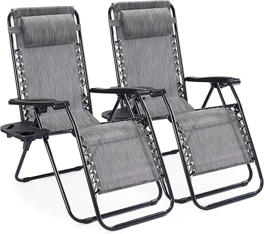 NEWBULIG Zero Gravity Chair Set of 2, Lounge Chair Folding Portable Adjustable Camping Reclining Chairs with Adjustable Pollow, Mesh Back, Cup Holder Trays Lawn Patio Chair for Pool Beach - Grey