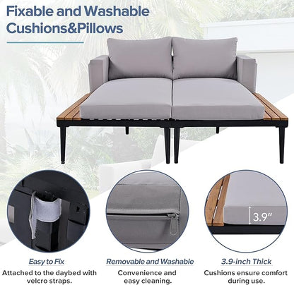 Merax Outdoor Patio Daybed, Patio Sofa Bed Loveseat Set with Padded Cushion Pillows, Outdoor Pool Furniture with Wood Side Table, 2 in 1 Outdoor Bed Chaise Lounger for Garden, Backyard, Grey