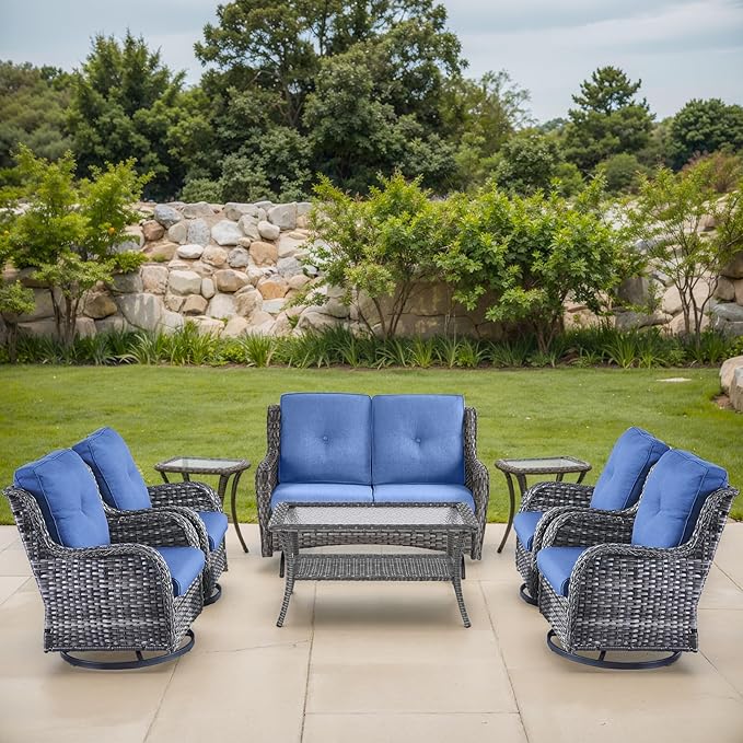 Patio Loveseat Glider Set, Resin Wicker Loveseat Glider with 4 Swivel Patio Chiars Coffee Table 2 Side Table, 8 Piece - Photo 1