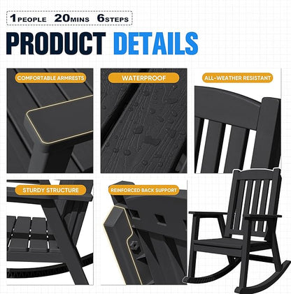 Devoko PP Material Rocking Chair Outdoor Indoor All Weather High Back Patio Rocker for Adult Heavy Duty Rocking Chair for Patio Backyard Porch Garden (Heavy Duty, Black)