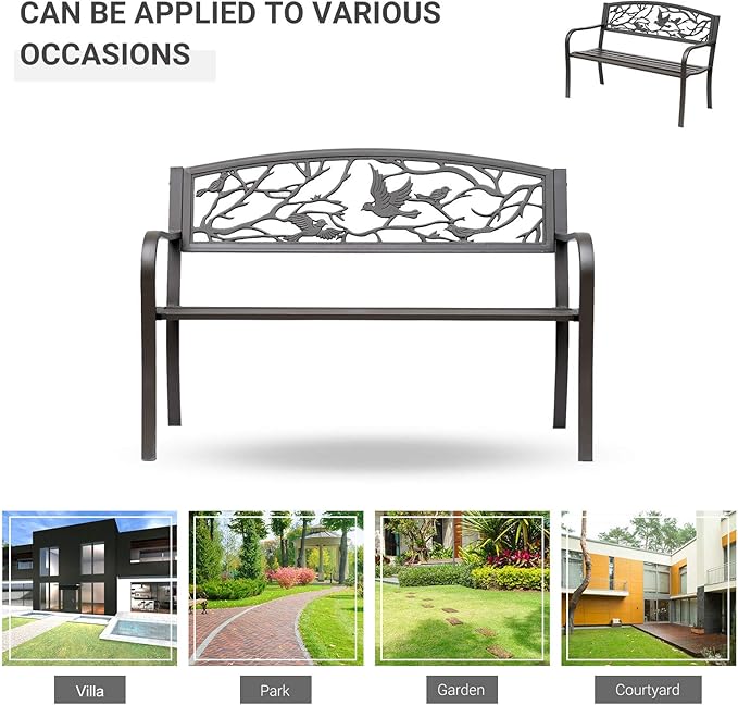 Outsunny 50" Garden Bench, Outdoor Patio Bench with Animal Pattern, Cast Steel Metal Bench for Yard, Lawn, Porch, Brown
