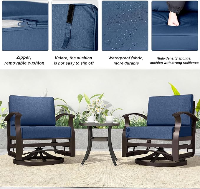 Kurapika 5 Pieces Patio Furniture Set, Outdoor Aluminum Swivel Gliders Rocker, Patio Bistro Set Rocking Chair with Thickened Cushions and Side Table(Navy Blue)