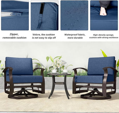 Kurapika 3 Pieces Patio Furniture Set, Outdoor Aluminum Swivel Gliders Rocker, Patio Bistro Set Rocking Chair with Thickened Cushions and Side Table for Porch Garden(Navy Blue)