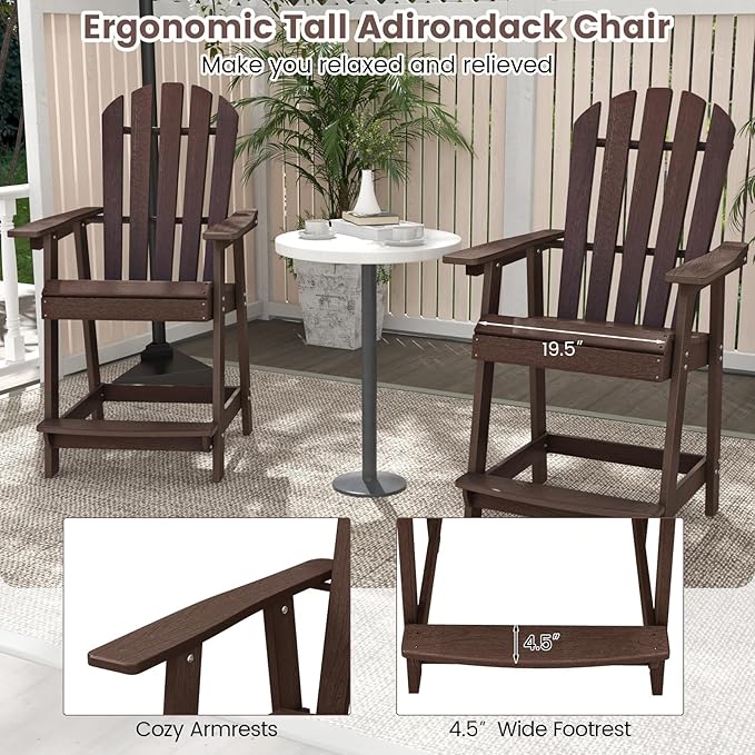 Giantex Tall Adirondack Chair Set of 4, HDPE Outdoor Bar Stools with Armrests, 4.5” Wide Footrest, Patio Adirondack Barstools, All-Weather Balcony Chairs for Poolside, Garden, Backyard (Brown)