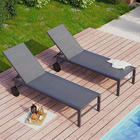 SUNLEI Patio Lounge Chair Outdoor Set of 2, Outdoor Chaise Lounge w/5-Position Adjustable Backrest & All Weather, Pool Lounge Chairs for Pool Beach Deck (Dark Grey, 2 Pieces)