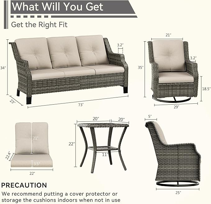 5 Piece Patio Furniture Set, 3-Seater Couch, 2 Swivel Glider Chairs and 2 Side Tables - Photo 2