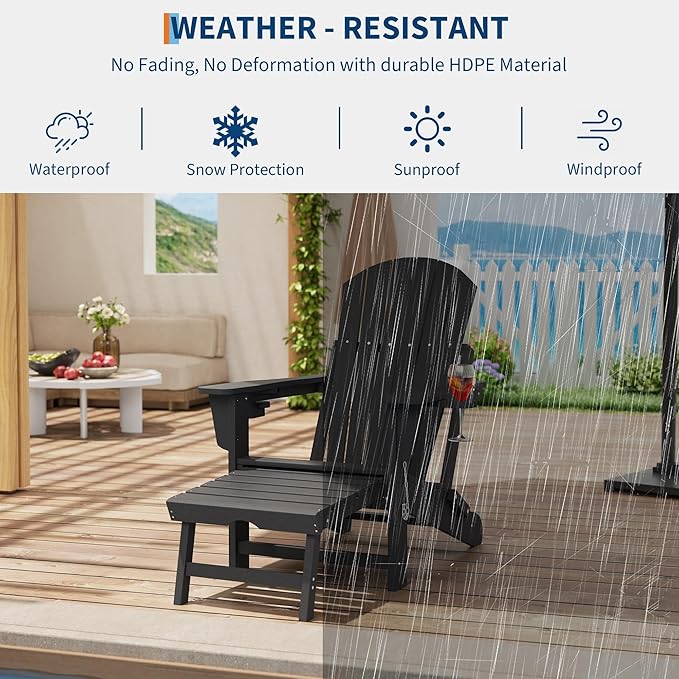 GAOMON 4-in-1 Folding HDPE Adirondack Chair with Retractable Ottoman & Removable Rocking Base, All-Weather Outdoor Patio Chair with Large Cup Holder, 400lbs Capacity, for Garden Lawn, Black