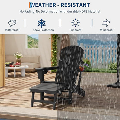 GAOMON 4-in-1 Folding HDPE Adirondack Chair with Retractable Ottoman & Removable Rocking Base, All-Weather Outdoor Patio Chair with Large Cup Holder, 400lbs Capacity, for Garden Lawn, Black