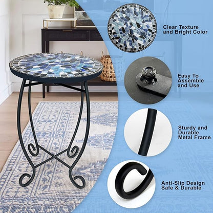 LIFFY Outdoor Side Table,12" Round Ceramic Tile Tabletop Accent Table with Metal Frame, Indoor Small Decorative Plant Stand & End Table for Home, Patio, Garden