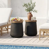 HOMPUS Outdoor Concrete Side Table, Modern Cylinder Pedestal End Table, Home Decor Small Accent Table w Wood Grain Top - Photo 4