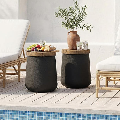 HOMPUS Outdoor Concrete Side Table, Modern Cylinder Pedestal End Table, Home Decor Small Accent Table w Wood Grain Top, Multi-Functional Round MgO Coffee Table, Round Planter Stand for Garden, Black