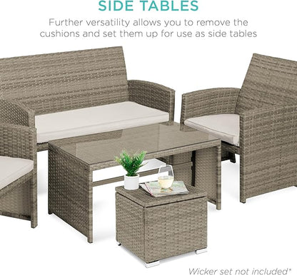 Best Choice Products Set of 2 Wicker Ottomans, Multipurpose Outdoor Furniture for Patio, Backyard, Additional Seating, Footrest, Side Table w/Storage, Removable Cushions - White Sand/Taupe