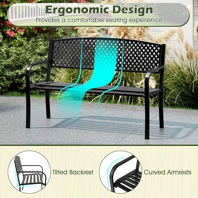 Giantex Metal Outdoor Bench with Mesh Pattern Backrest, Curved Armrests, Load 660Lbs, Slatted Seat for 2-3 Persons, Heavy-Duty Garden Bench for Patio, Backyard, Poolside, Porch, Park (50"×24"×33.5")