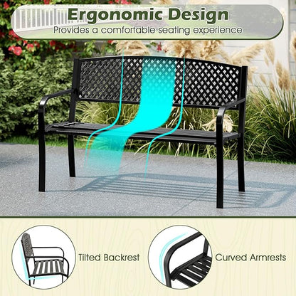 Giantex Metal Outdoor Bench with Mesh Pattern Backrest, Curved Armrests, Load 660Lbs, Slatted Seat for 2-3 Persons, Heavy-Duty Garden Bench for Patio, Backyard, Poolside, Porch, Park (50"×24"×33.5")