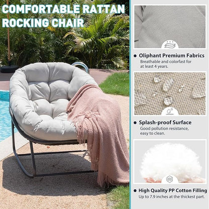 Indoor & Outdoor Rocking Chairs Set of 2, Oversized Rattan Royal Rocking Chair with Padded Cushion, Rocker Egg Chair for Living Room, Patio, Front Porch, Backyard, Grey