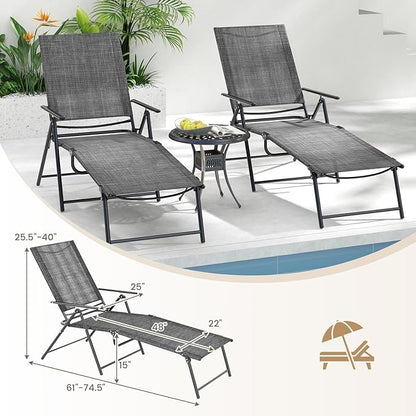 Giantex Lounge Chair Outdoor Set of 2 - Tanning Chair with 6 Adjustable Backrest, 2-Level Footrest, Folding Sunbathing Lounger for Patio, Poolside, Yard, Chaise Lounge Chair, Beach Chair (Grey)