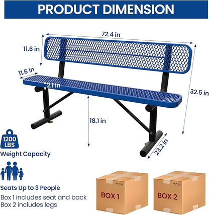 6ft Park Bench for Outside,Heavy Duty Patio Garden School Commercial Benches,Weatherproof Outdoor Bench Blue Metal Park Bench, Outdoor Steel Bench with Backrest,72.4x23.2x32.5inch