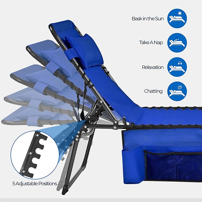 Yaheetech 22.4" Tanning Chair with Face Hole, Adjustable 5-Position Folding Chaise Lounge Chairs, Outdoor Lounge Chairs for Lawn, Beach, Sunbathing, Blue