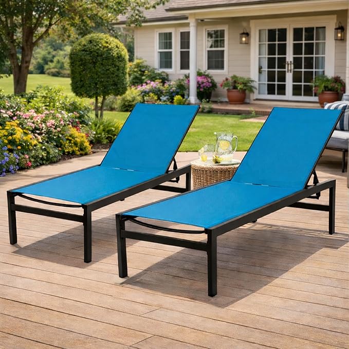 Kozyard 2-Pack Outdoor Chaise Lounge, Aluminum Frame and Textilene Fabric, Adjustable Reclining Patio Lounger for Poolside, Sunbathing & Backyard (Blue)