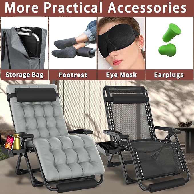 Oversized Zero Gravity Chair with Cushion XXL, 33In Padded Lounge Chair, Recliner Camping Chair W/Full-Alu Alloy Lock - Photo 4