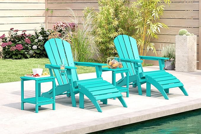 BRIOPAWS Folding-Adirondack-Chairs Set of 6 | HDPE Plastic | Fire Pit Chair | Cup Holder | Curved Back | All Weather | for Outdoor Backyard Deck Patio | Aqua