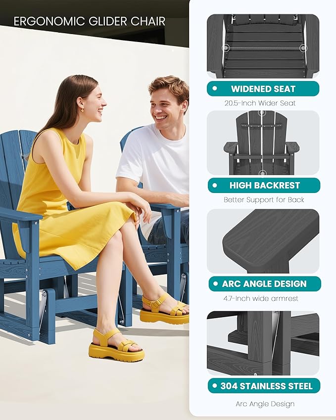 SERWALL Outdoor Glider Chair Set of 4, HDPE Wood-Like Patio Glider Rocker All-Weather Porch Glider for Outside, Gray - Photo 5