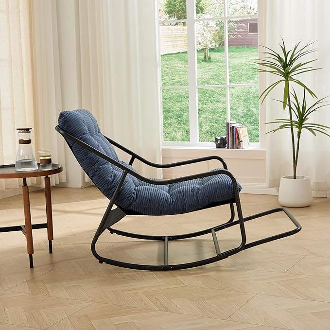 Rocking Chair with Foot Rest, Outdoor Indoor Rocking Lounge Chair with Cushion, Comfortable Patio Rocker Chairs for Patio, Porch, Garden, Living Room, Reading, Metal Frame, Navy Blue