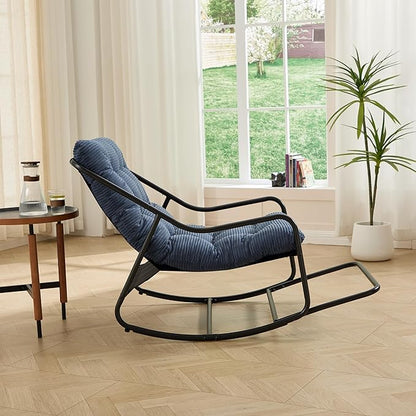 Rocking Chair with Foot Rest, Outdoor Indoor Rocking Lounge Chair with Cushion, Comfortable Patio Rocker Chairs for Patio, Porch, Garden, Living Room, Reading, Metal Frame, Navy Blue