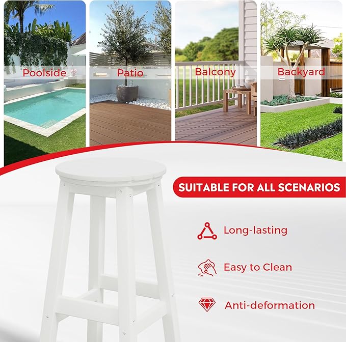 Costaelm 29" Height Outdoor Bar Stools, All-Weather Bar Stools, Adirondack Poly Patio Round Bar Stool for Patio, Deck, Kitchen Counter and Garden, White