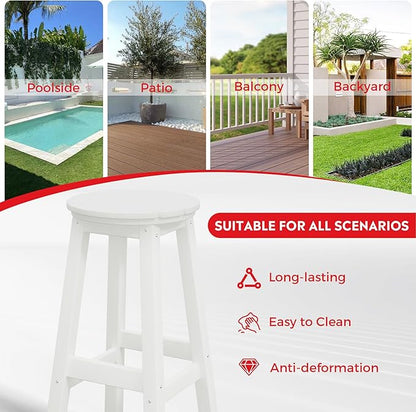 Costaelm 29" Height Outdoor Bar Stools, All-Weather Bar Stools, Adirondack Poly Patio Round Bar Stool for Patio, Deck, Kitchen Counter and Garden, White