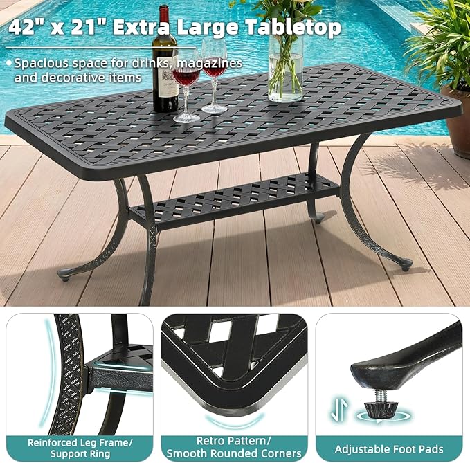 MEETWARM Outdoor Cast Aluminum Coffee Table, 42" Rectangle Patio Coffee Table with 2-Tier Storage Shelf, All-Weather Heavy Duty Patio Side Table for Outside Poolside Deck Garden & Indoor, Dark Bronze